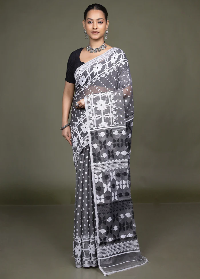 Grey Tant Jamdani Saree Without Blouse Piece - Image 2