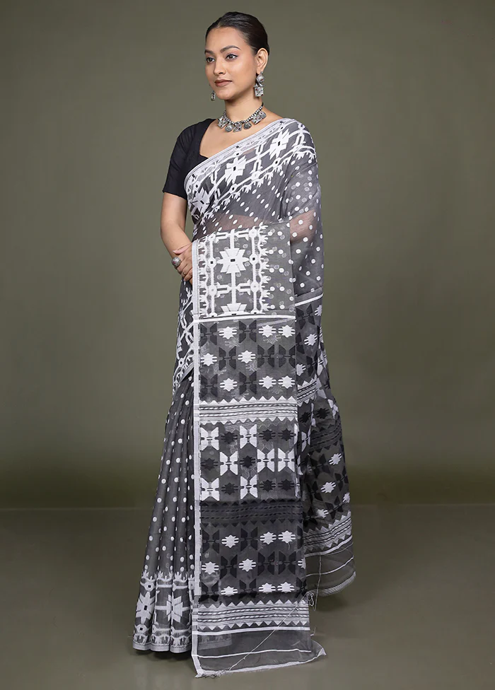 Grey Tant Jamdani Saree Without Blouse Piece - Image 4