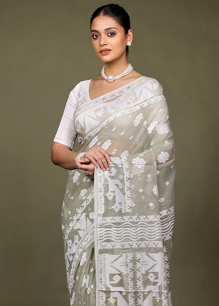 Grey Tant Jamdani Saree Without Blouse Piece - Image 2