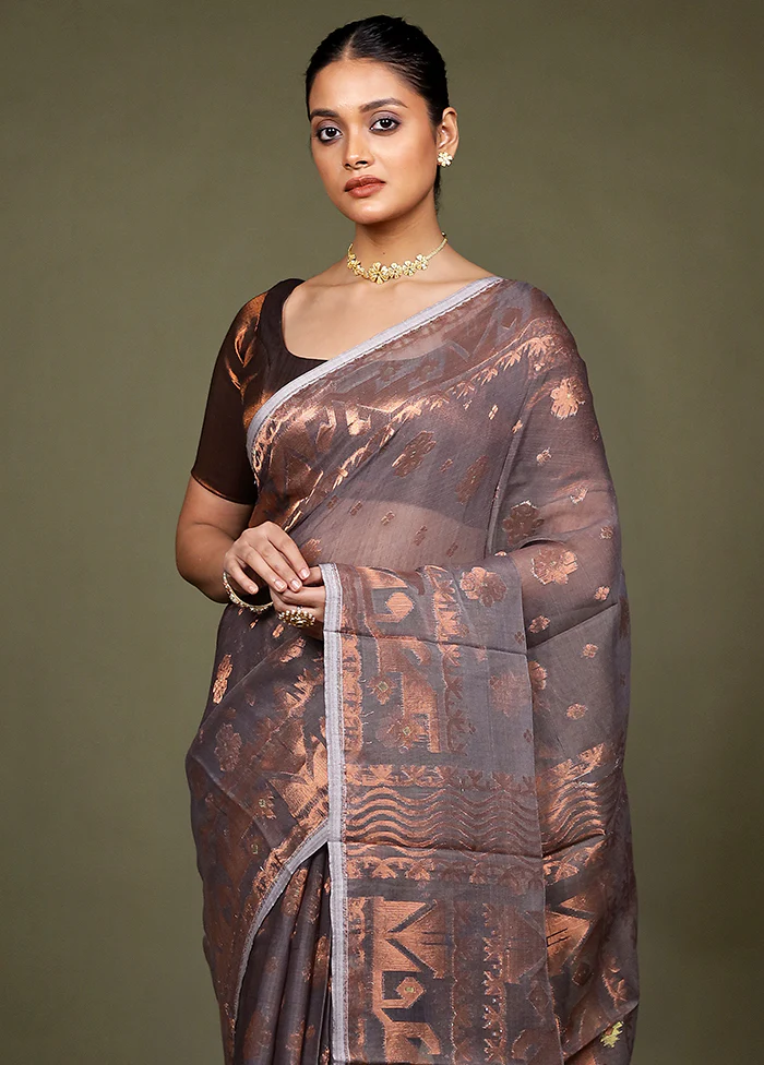 Grey Tant Jamdani Saree Without Blouse Piece - Image 2