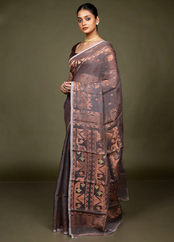 Grey Tant Jamdani Saree Without Blouse Piece - Image 4
