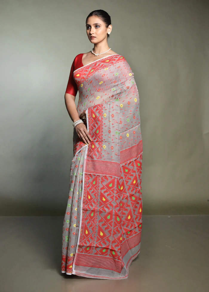 Grey Tant Jamdani Saree Without Blouse Piece - Image 4