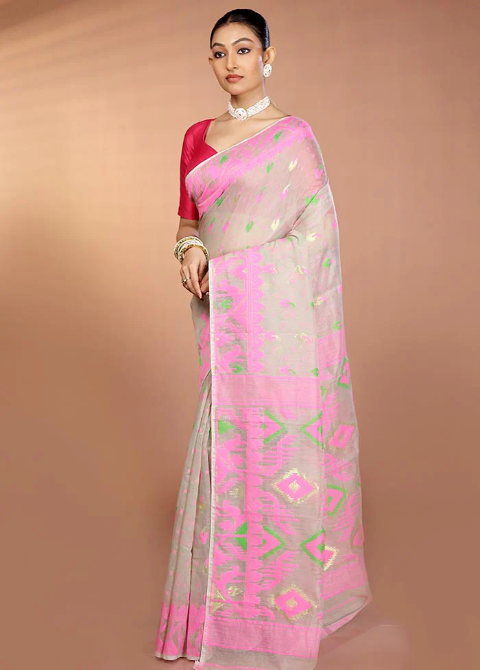 Grey Tant Jamdani Saree Without Blouse Piece - Image 4