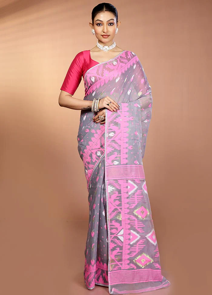 Grey Tant Jamdani Saree Without Blouse Piece - Image 2