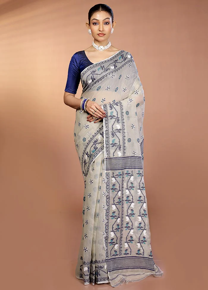 Grey Tant Jamdani Saree Without Blouse Piece - Image 2