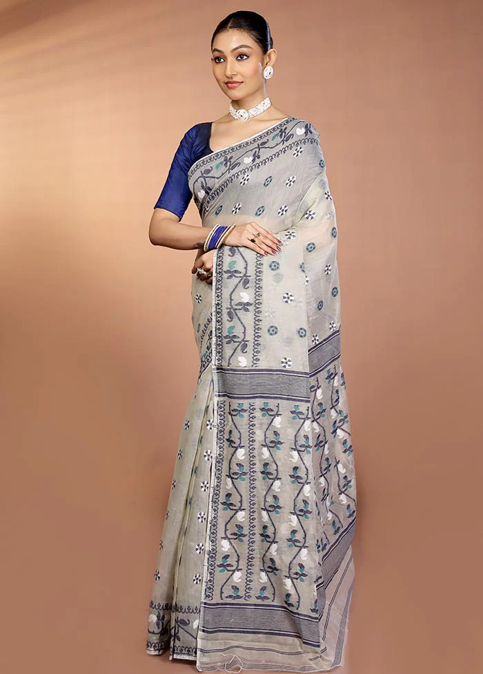 Grey Tant Jamdani Saree Without Blouse Piece - Image 4