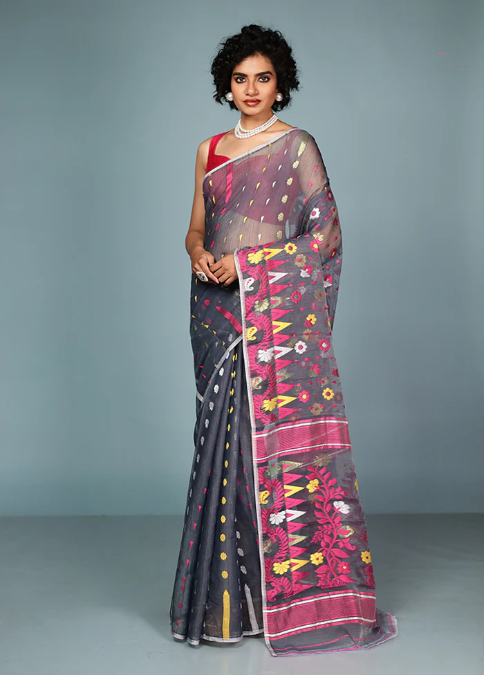 Grey Tant Jamdani Saree Without Blouse Piece - Image 2