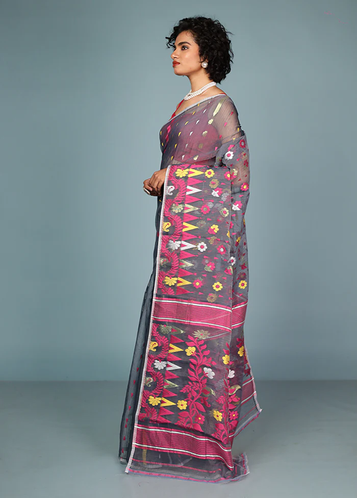 Grey Tant Jamdani Saree Without Blouse Piece - Image 4
