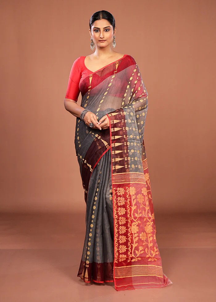 Grey Jamdani Cotton Saree Without Blouse Piece - Image 2