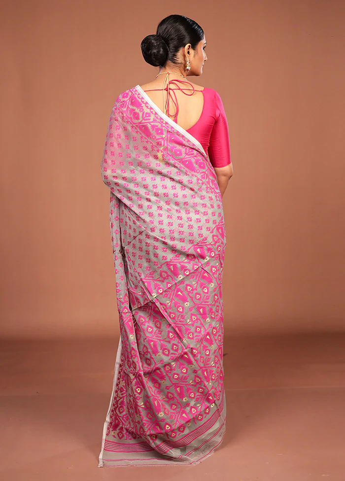 Grey Jamdani Cotton Saree Without Blouse Piece - Image 3