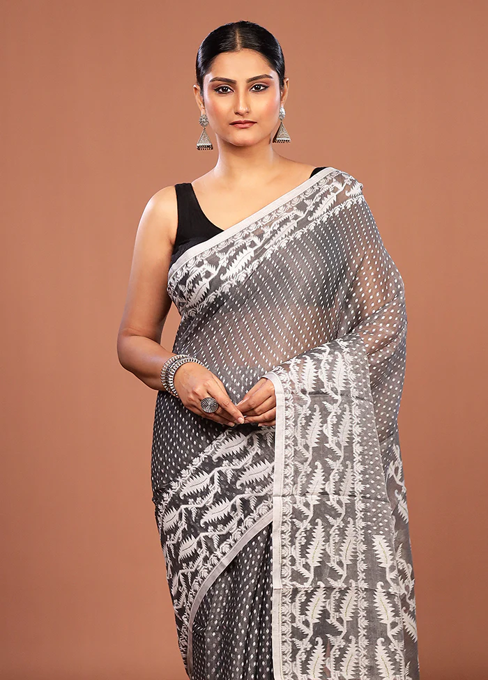 Grey Jamdani Cotton Saree Without Blouse Piece