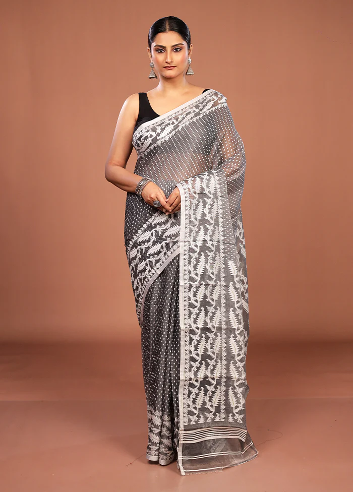 Grey Jamdani Cotton Saree Without Blouse Piece - Image 2