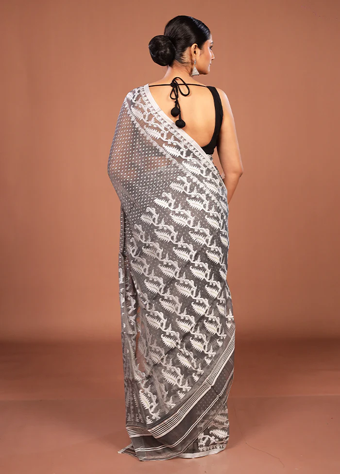 Grey Jamdani Cotton Saree Without Blouse Piece - Image 3