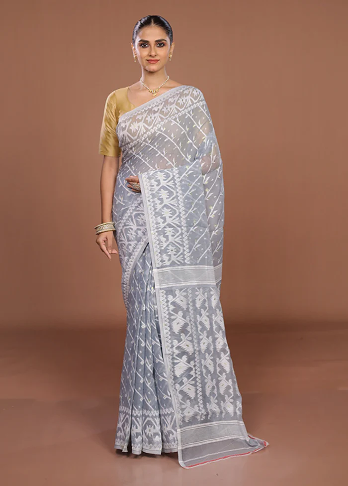 Grey Jamdani Cotton Saree Without Blouse Piece - Image 2