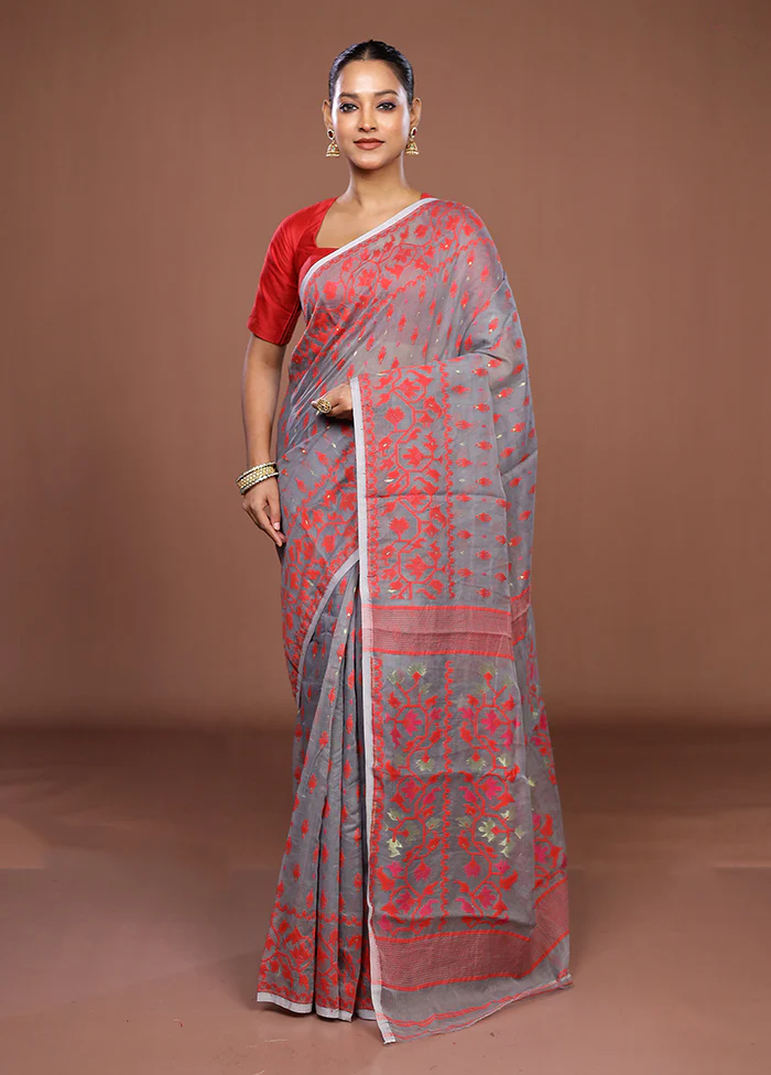 Grey Jamdani Cotton Saree Without Blouse Piece - Image 2