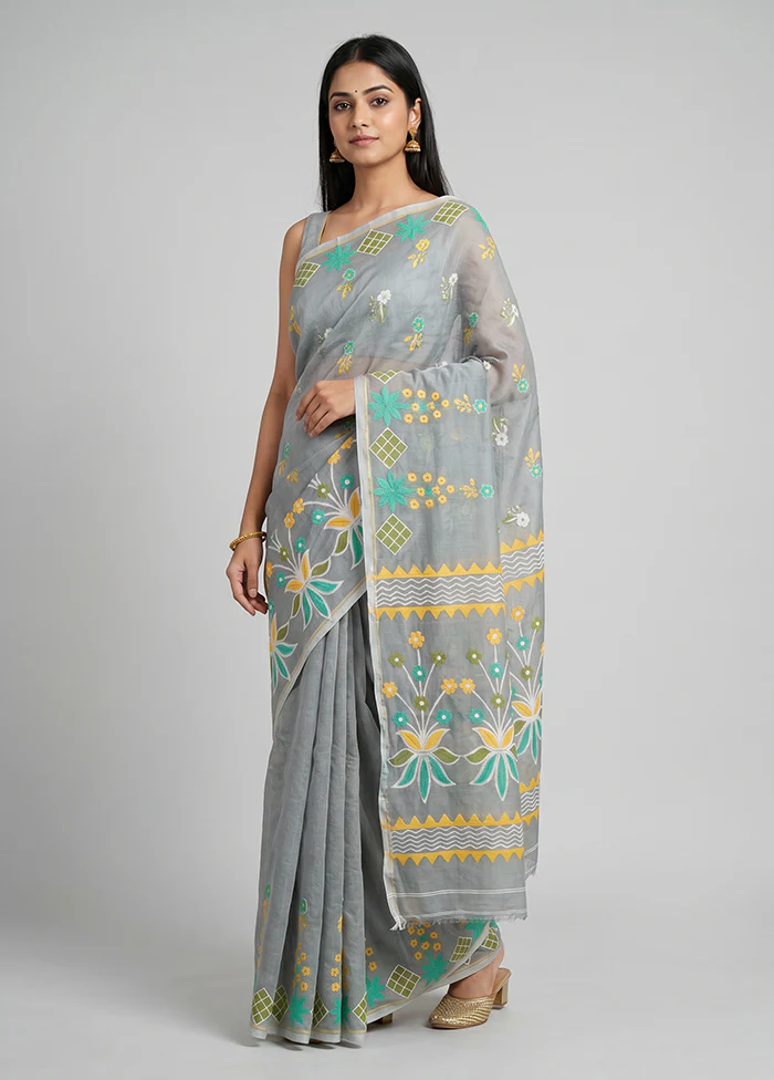 Grey Jamdani Cotton Saree Without Blouse Piece