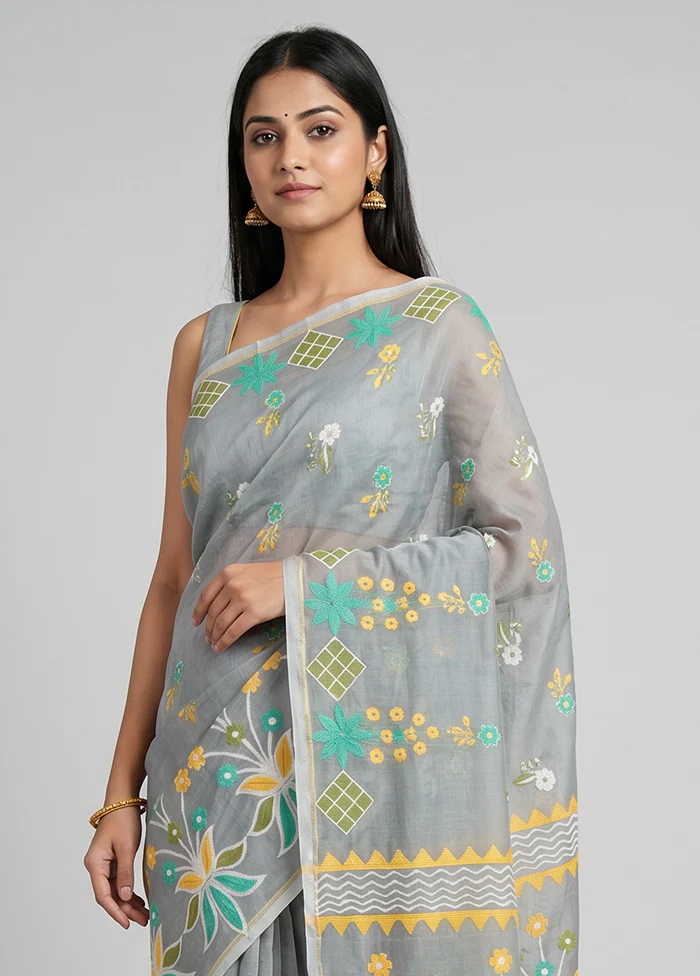 Grey Jamdani Cotton Saree Without Blouse Piece - Image 2