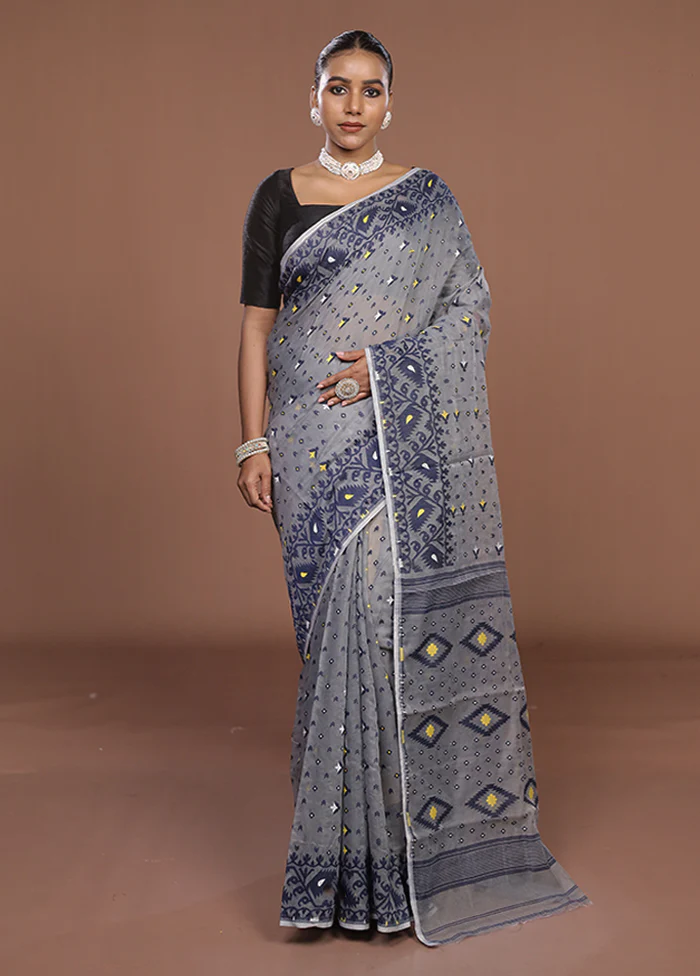 Grey Jamdani Cotton Saree Without Blouse Piece - Image 2