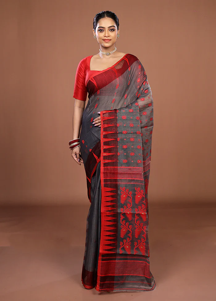 Grey Jamdani Cotton Saree Without Blouse Piece - Image 2