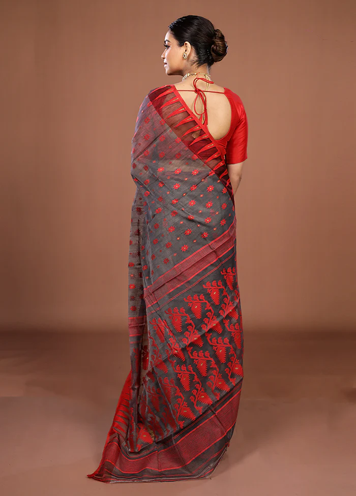 Grey Jamdani Cotton Saree Without Blouse Piece - Image 3