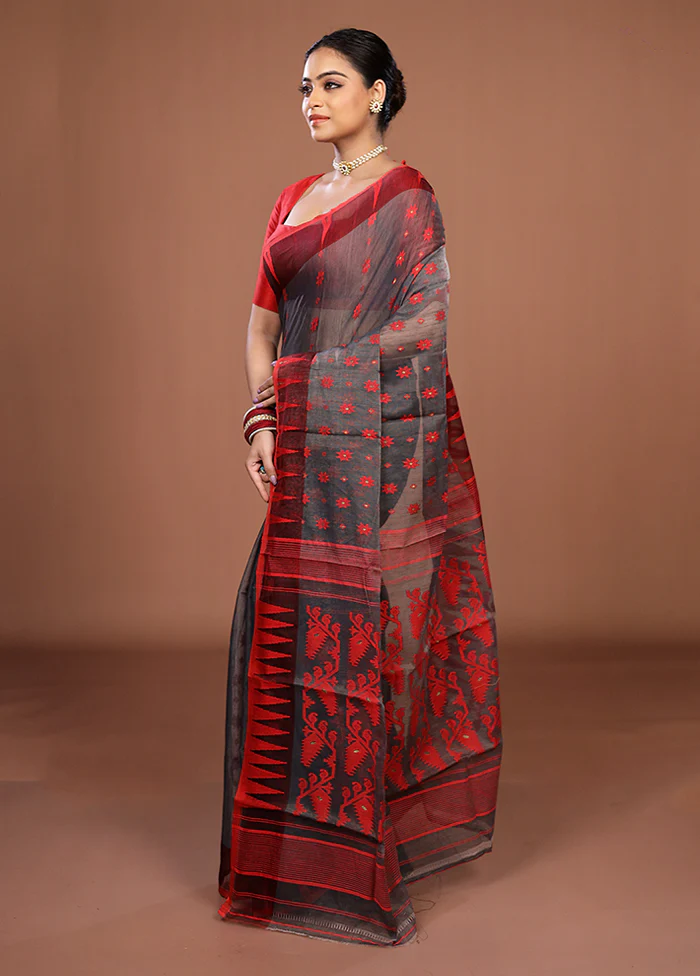 Grey Jamdani Cotton Saree Without Blouse Piece - Image 4