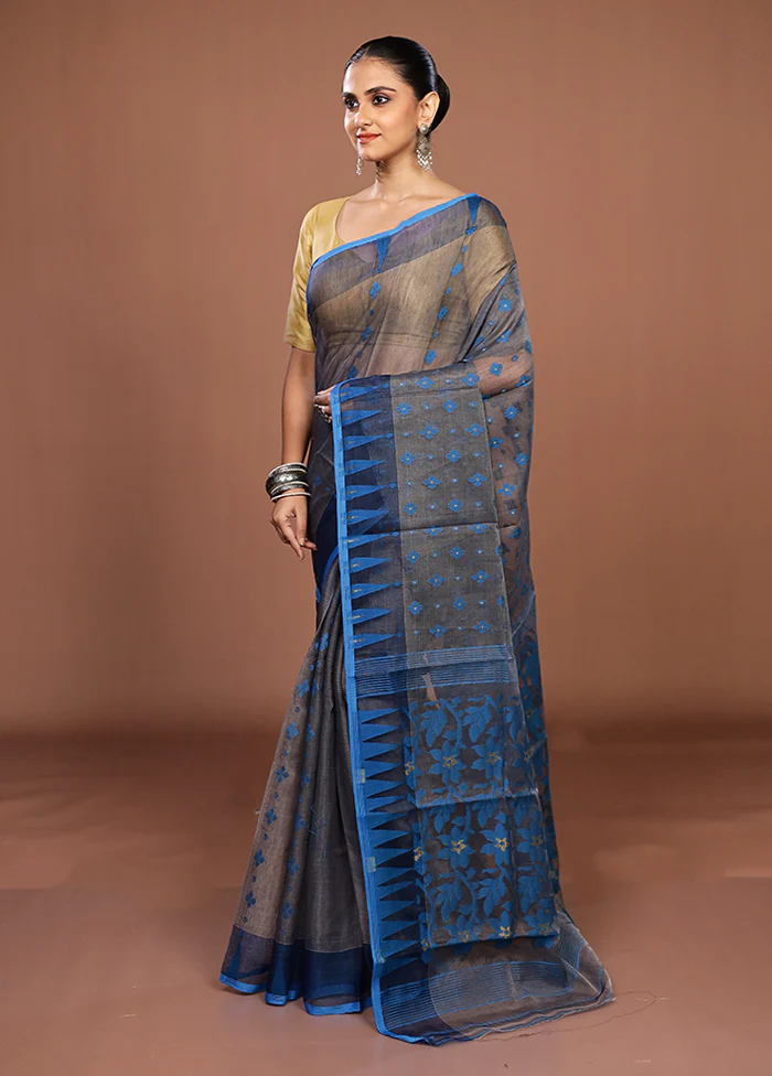 Grey Jamdani Cotton Saree Without Blouse Piece - Image 4