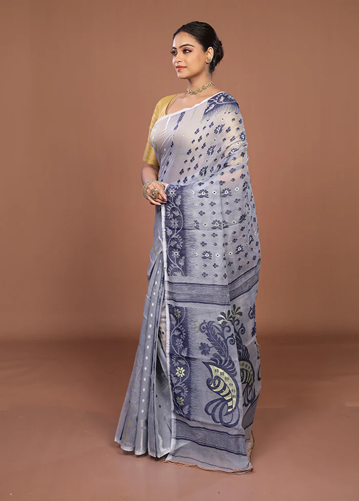 Grey Jamdani Cotton Saree Without Blouse Piece - Image 4