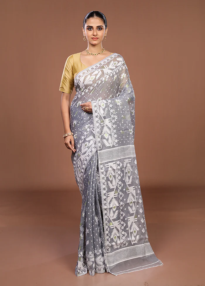 Grey Jamdani Cotton Saree Without Blouse Piece - Image 2