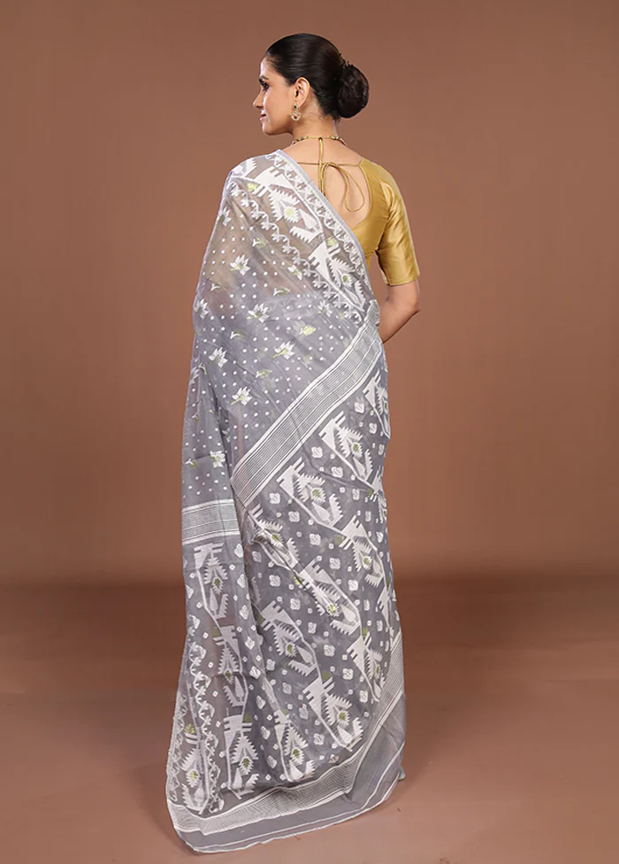 Grey Jamdani Cotton Saree Without Blouse Piece - Image 3