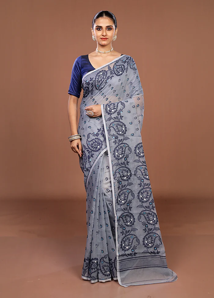 Grey Jamdani Cotton Saree Without Blouse Piece - Image 2
