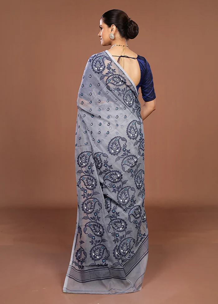Grey Jamdani Cotton Saree Without Blouse Piece - Image 3