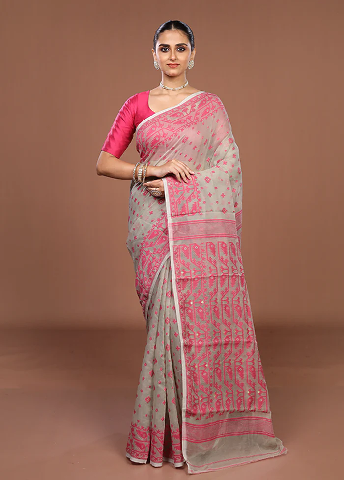 Grey Jamdani Cotton Saree Without Blouse Piece - Image 2