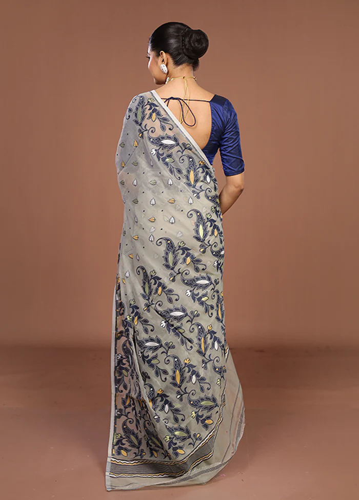 Grey Jamdani Cotton Saree Without Blouse Piece - Image 3