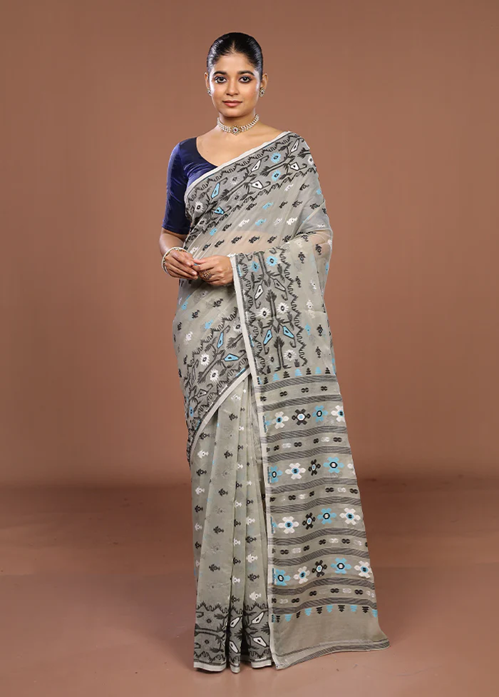 Grey Jamdani Cotton Saree Without Blouse Piece - Image 2