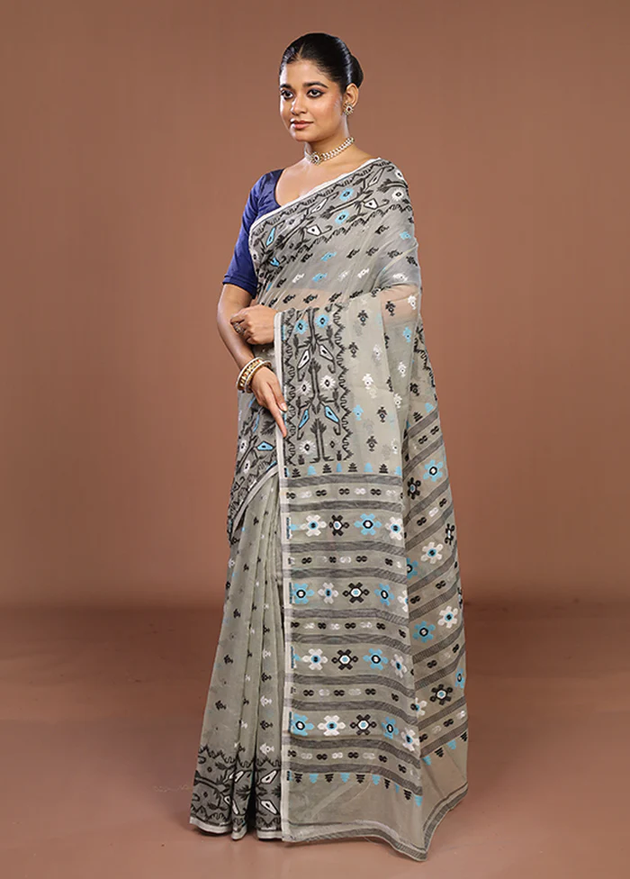 Grey Jamdani Cotton Saree Without Blouse Piece - Image 3