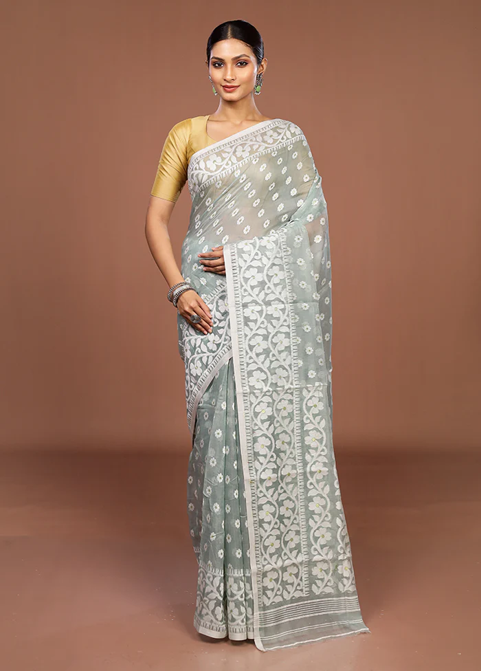 Grey Jamdani Cotton Saree Without Blouse Piece - Image 2