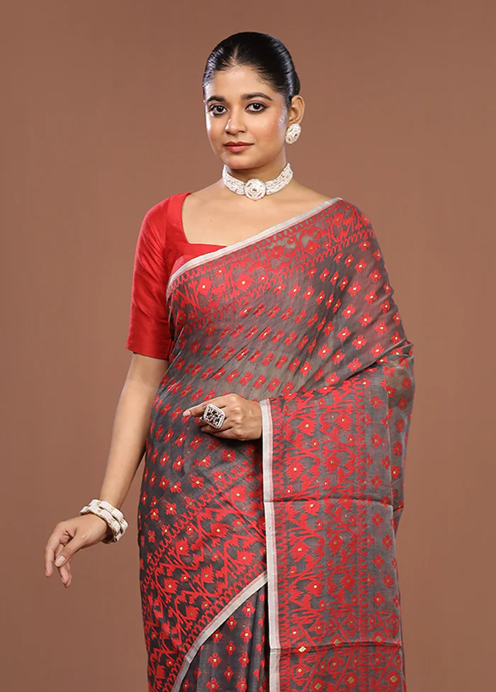 Grey Jamdani Cotton Saree Without Blouse Piece