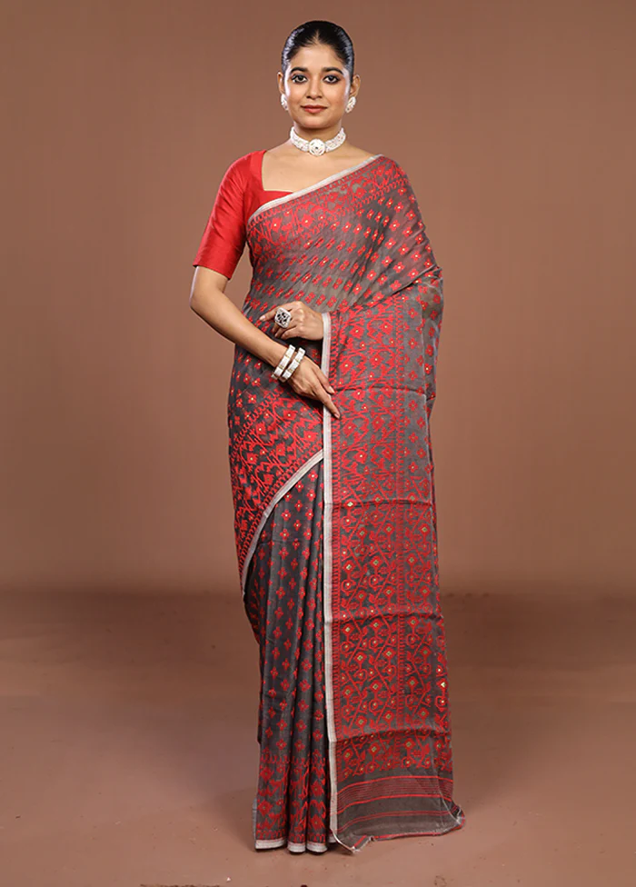 Grey Jamdani Cotton Saree Without Blouse Piece - Image 2