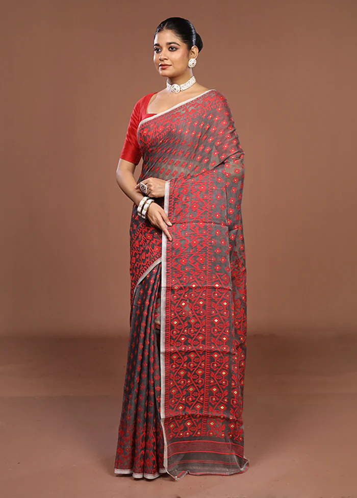 Grey Jamdani Cotton Saree Without Blouse Piece - Image 4