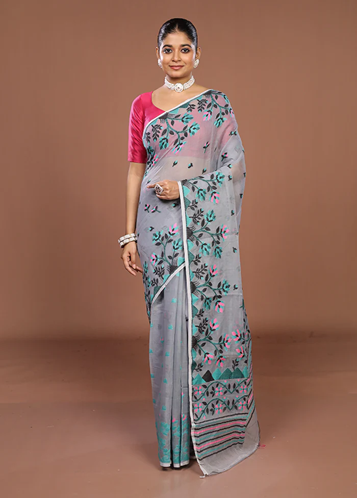 Grey Jamdani Cotton Saree Without Blouse Piece - Image 2
