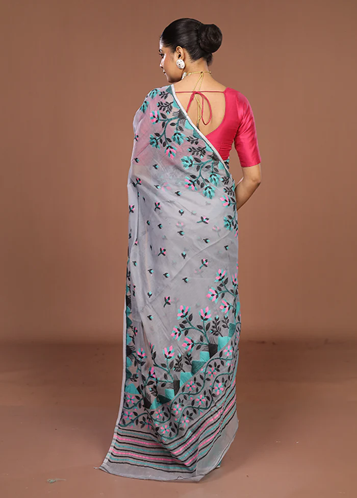 Grey Jamdani Cotton Saree Without Blouse Piece - Image 3