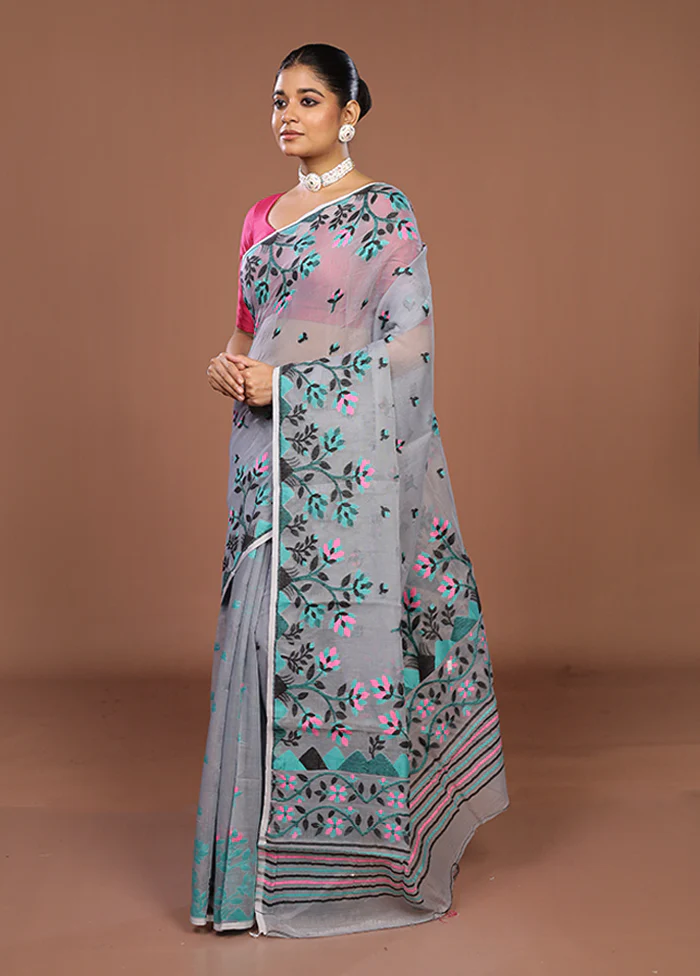 Grey Jamdani Cotton Saree Without Blouse Piece - Image 4