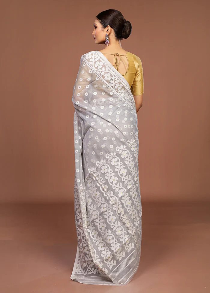 Grey Jamdani Cotton Saree Without Blouse Piece - Image 3