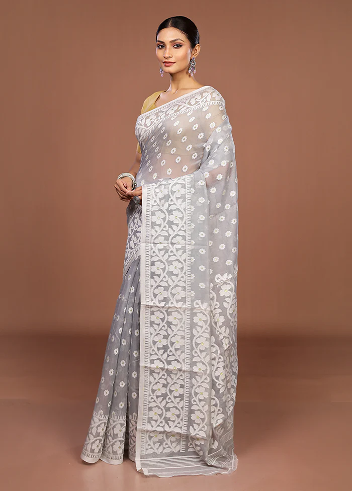 Grey Jamdani Cotton Saree Without Blouse Piece - Image 4