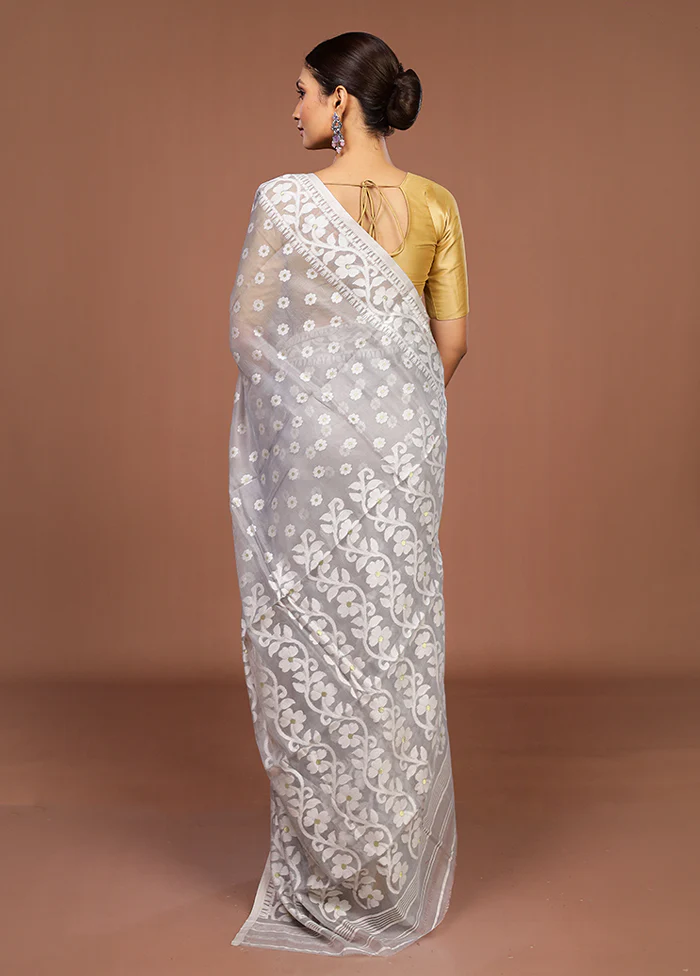 Grey Jamdani Cotton Saree Without Blouse Piece - Image 3