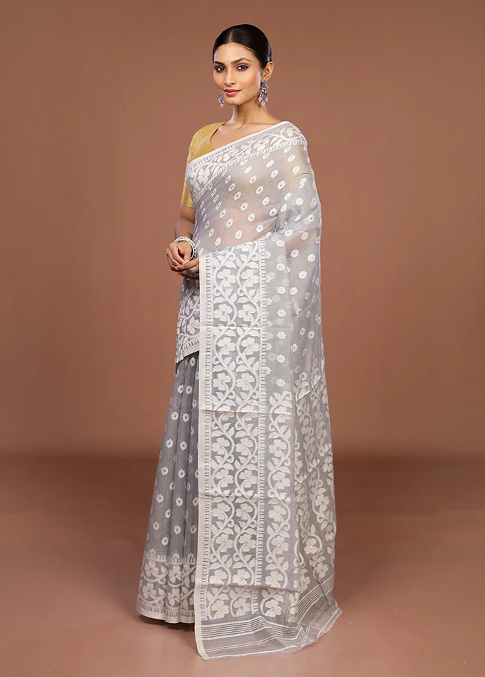 Grey Jamdani Cotton Saree Without Blouse Piece - Image 4