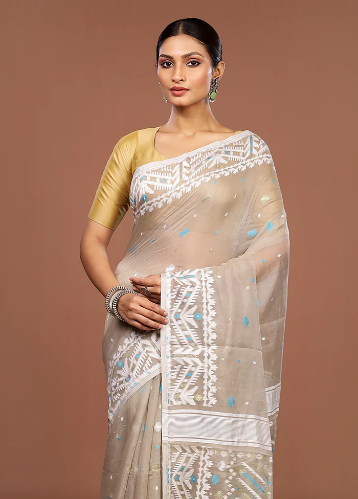Grey Jamdani Cotton Saree Without Blouse Piece