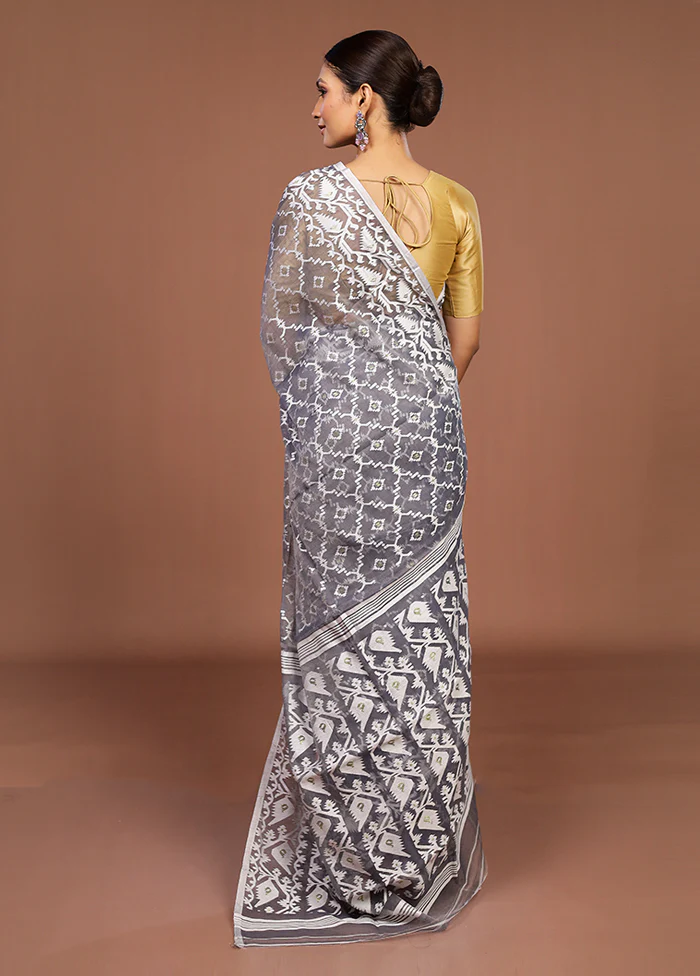 Grey Jamdani Cotton Saree Without Blouse Piece - Image 3