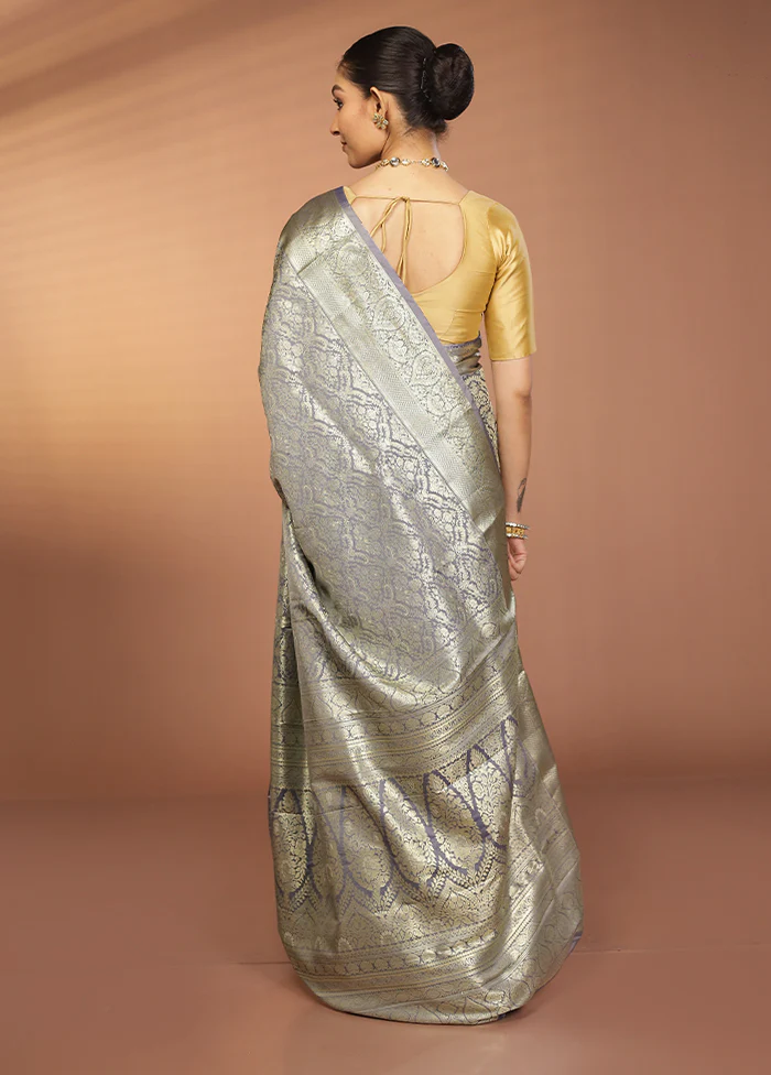 Grey Kanjivaram Silk Saree With Blouse Piece - Image 3