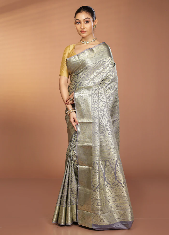Grey Kanjivaram Silk Saree With Blouse Piece - Image 4